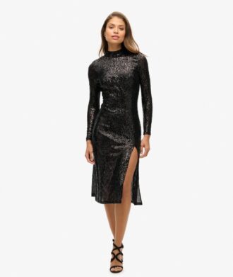 Abito midi con paillettes e schiena scoperta