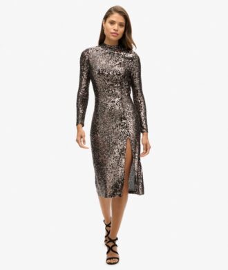 Abito midi con paillettes e schiena scoperta
