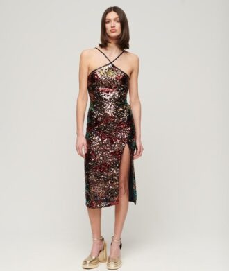 Abito midi con scollo all’americana e paillettes