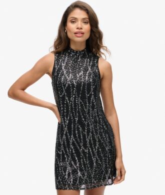 Abito mini senza maniche con paillettes e linea ad A