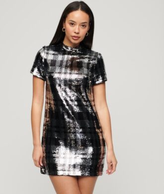 Abito T-shirt con paillettes e collo alto