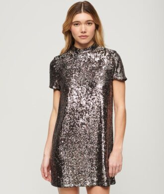 Abito T-shirt con paillettes e collo alto