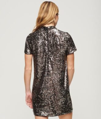Abito T-shirt con paillettes e collo alto