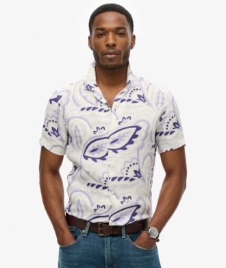 Camicia in lino stampata con colletto aperto
