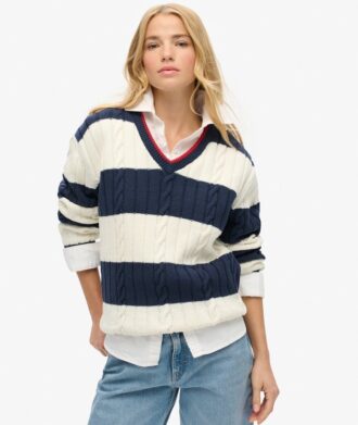 Maglione oversize a righe con collo a V e trecce