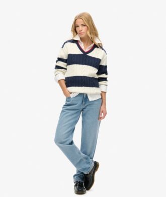 Maglione oversize a righe con collo a V e trecce