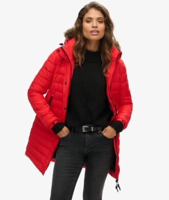 Puffer jacket di media lunghezza con cappuccio in pelliccia sintetica