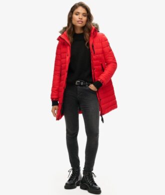 Puffer jacket di media lunghezza con cappuccio in pelliccia sintetica