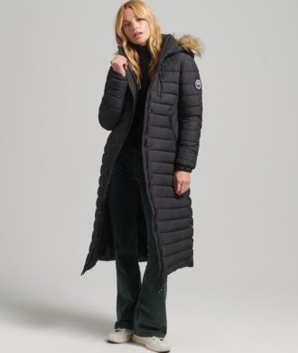 Puffer lungo imbottito leggero con cappuccio in pelliccia sintetica