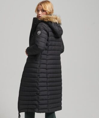 Puffer lungo imbottito leggero con cappuccio in pelliccia sintetica