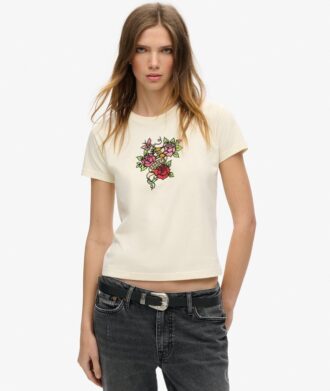T-shirt aderente con piccolo tatuaggio in strass