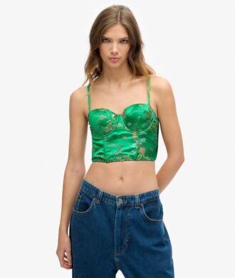 Top a corsetto con ricami floreali in raso