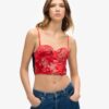 Top a corsetto con ricami floreali in raso