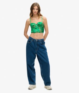 Top a corsetto con ricami floreali in raso