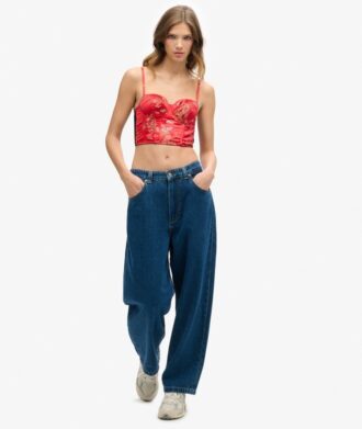Top a corsetto con ricami floreali in raso