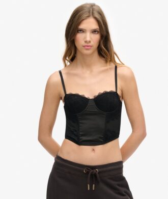 Top a corsetto in raso e pizzo a rete