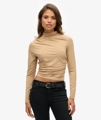 Top a maniche lunghe con collo alto arricciato