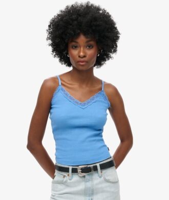 Top a spalline con bordi in pizzo a coste Vintage in Organic Cotton