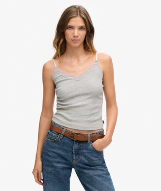 Top a spalline con bordi in pizzo a coste Vintage in Organic Cotton