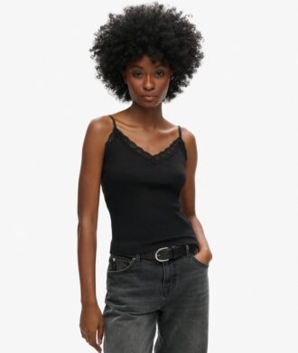 Top a spalline con bordi in pizzo a coste Vintage in Organic Cotton
