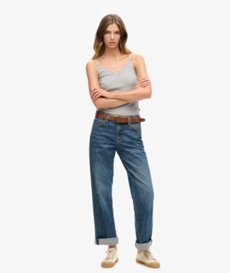 Top a spalline con bordi in pizzo a coste Vintage in Organic Cotton