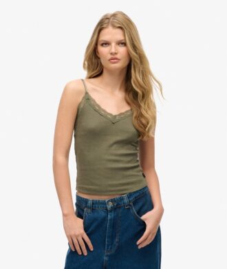 Top a spalline in Organic Cotton con pizzo a costine
