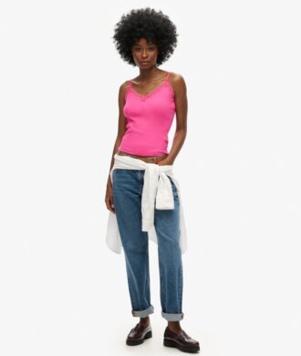 Top a spalline in Organic Cotton con pizzo a costine