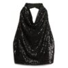 Top con paillettes, collo a cappuccio e scollo all’americana