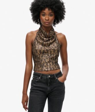 Top con scollo a cappuccio e paillettes