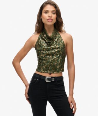 Top con scollo a cappuccio e paillettes