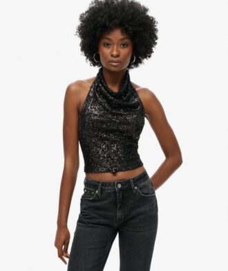 Top con scollo a cappuccio e paillettes