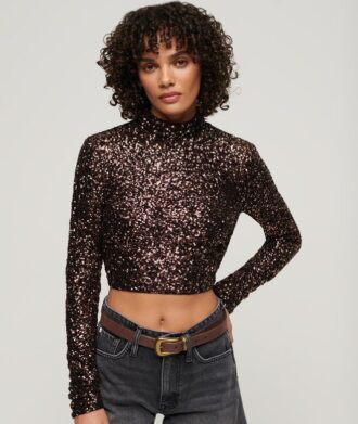 Top corto a maniche lunghe con paillettes