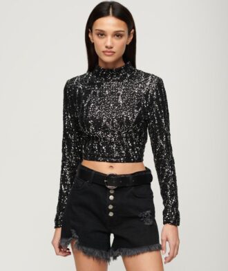 Top corto a maniche lunghe con paillettes