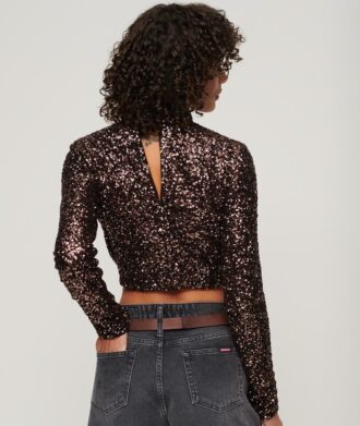 Top corto a maniche lunghe con paillettes