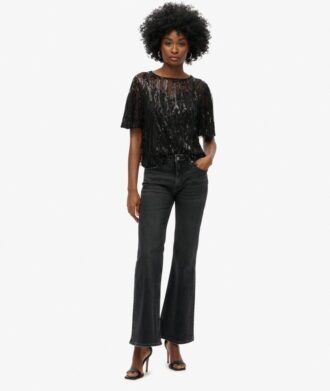 Top trasparente a maniche corte con paillettes